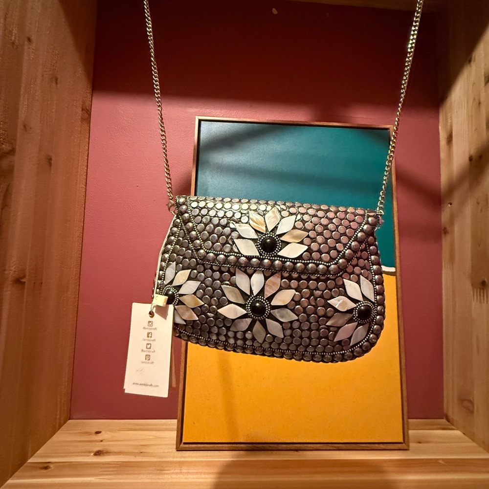 Antik Kraft Silver and Black Floral Crossbody Bag